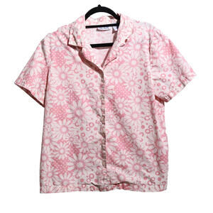 VTG Pink AOP Flowers Daisies Button Up‎ Top Short Sleeve Womens M Groovy Retro